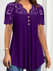 Lace Panel Short Sleeve Blouse Purple / S