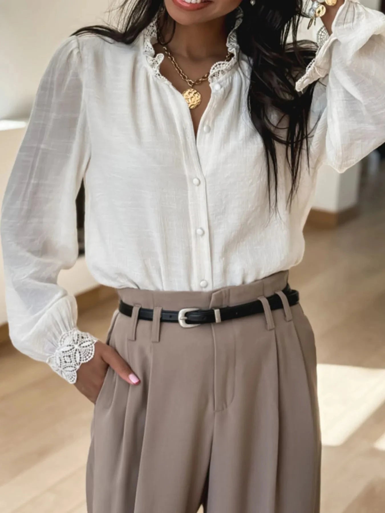 Lace Patchwork Buttoned Stand Neck Loose Shirt