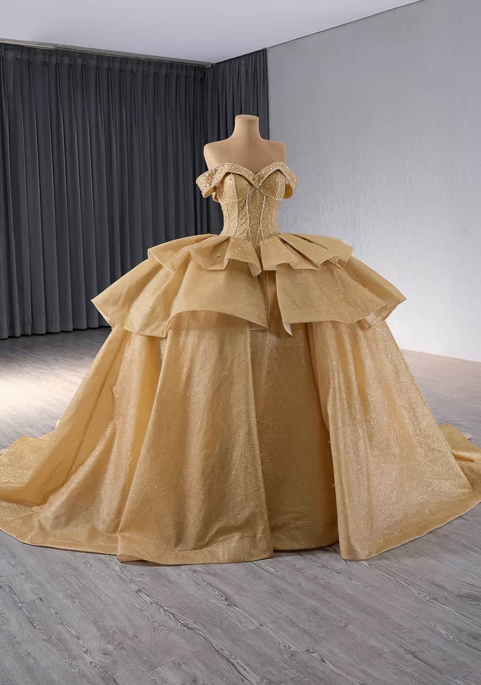 Lace Sequin Beaded Decor Shimmery Tiered Ball Dress - H5I6J US 2 / Gold