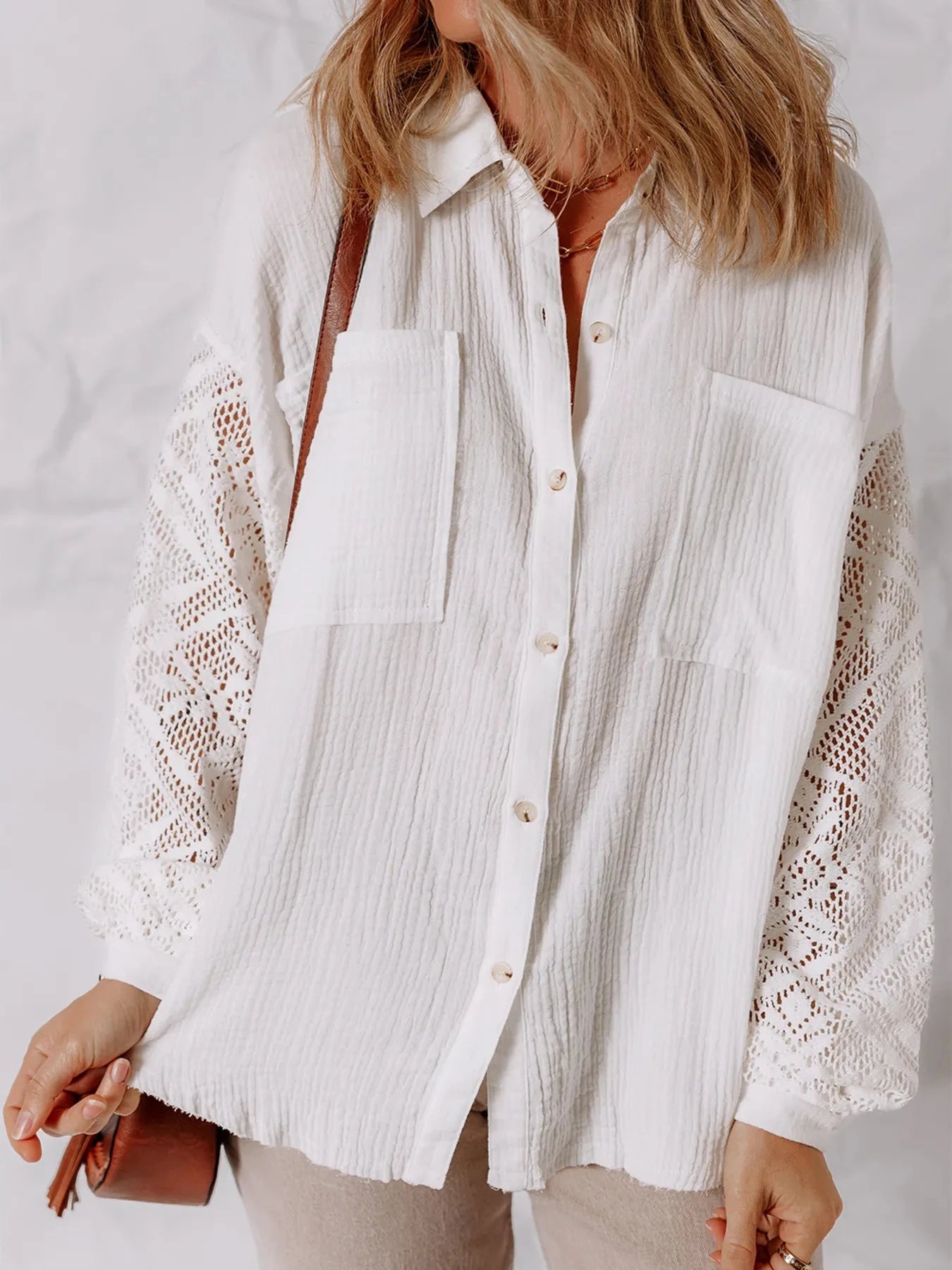 Lace Sleeve Button Down Shirt