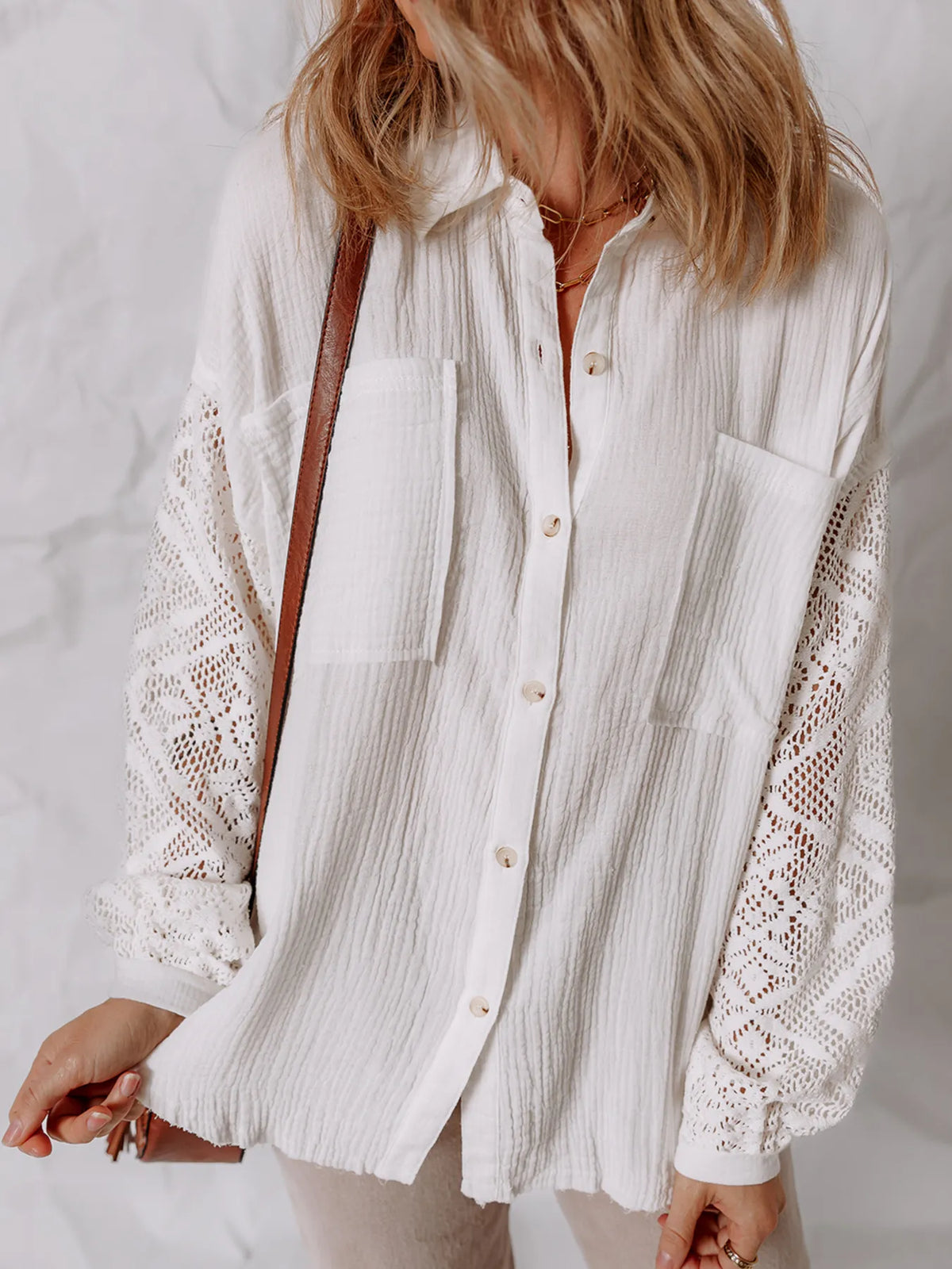 Lace Sleeve Button Down Shirt White / S