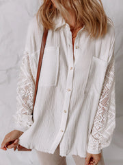 Lace Sleeve Button Down Shirt White / S
