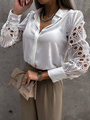 Lace Sleeve Collared Neck Blouse White / S