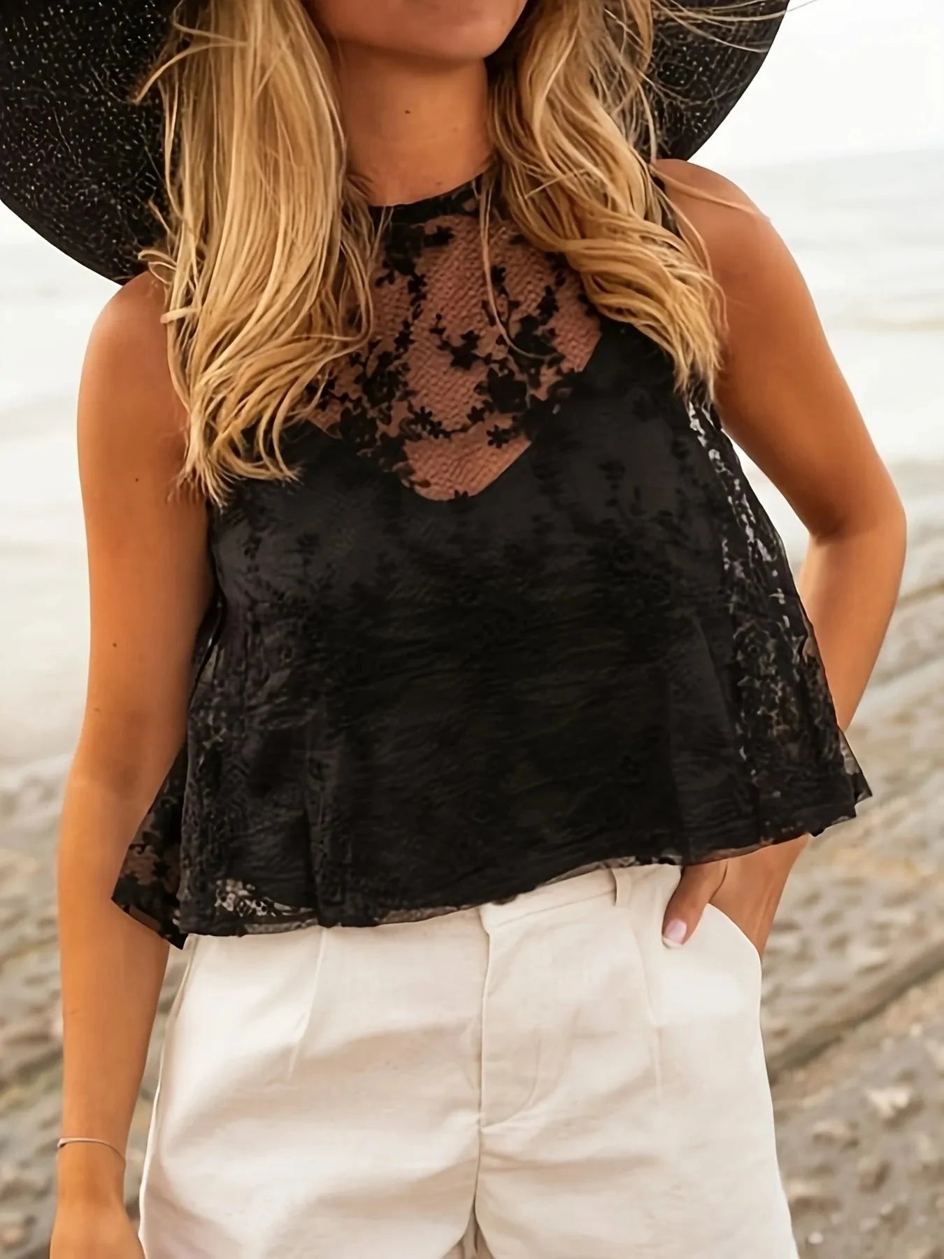Lace Tie Back Tank Black / S