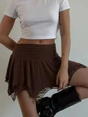 Lace Trim  Asymmetrical Ruffle Mini Skirt Brown / S