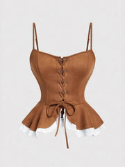 Lace Trim Peplum Cami Light Brown / XS