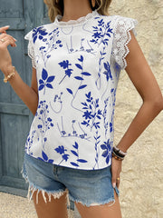 Lace Trim Sleeveless Blouse White Blue / S