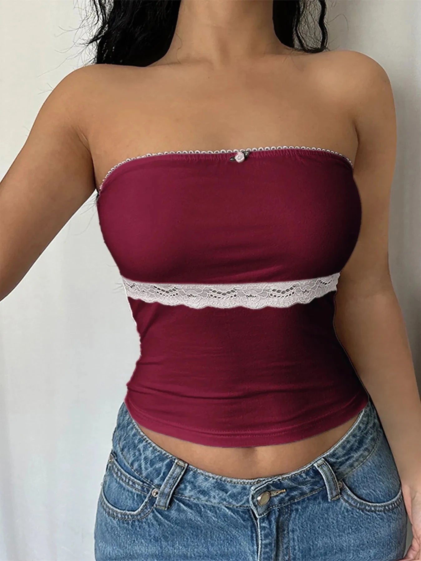 Lace Trim Tube Top Burgundy / S