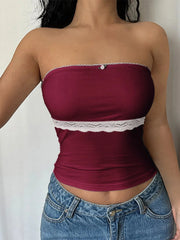 Lace Trim Tube Top Burgundy / S