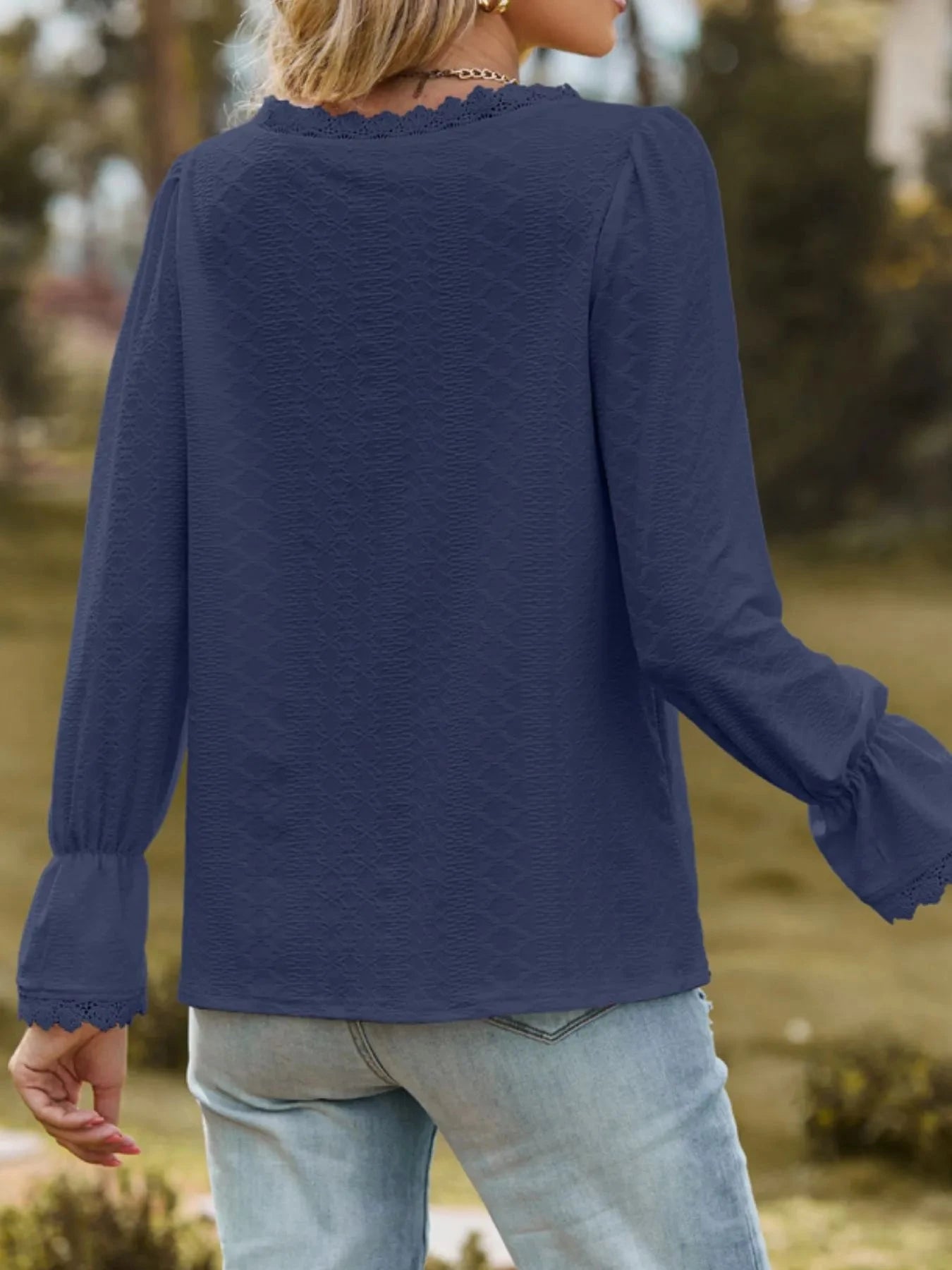 Lace Trim V-Neck Blouse with Flounce Sleeves