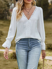 Lace Trim V-Neck Blouse with Flounce Sleeves