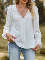 Lace Trim V-Neck Blouse with Flounce Sleeves