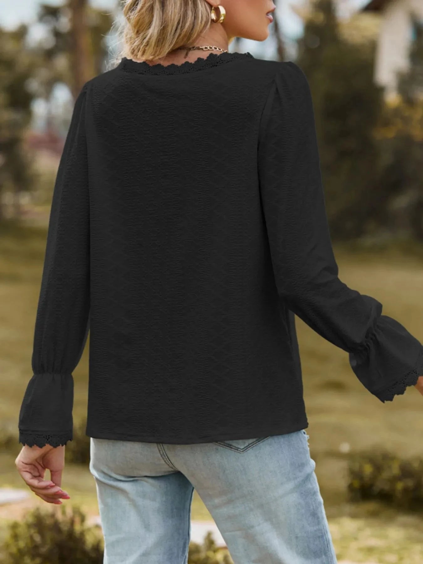 Lace Trim V-Neck Blouse with Flounce Sleeves
