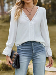 Lace Trim V-Neck Blouse with Flounce Sleeves