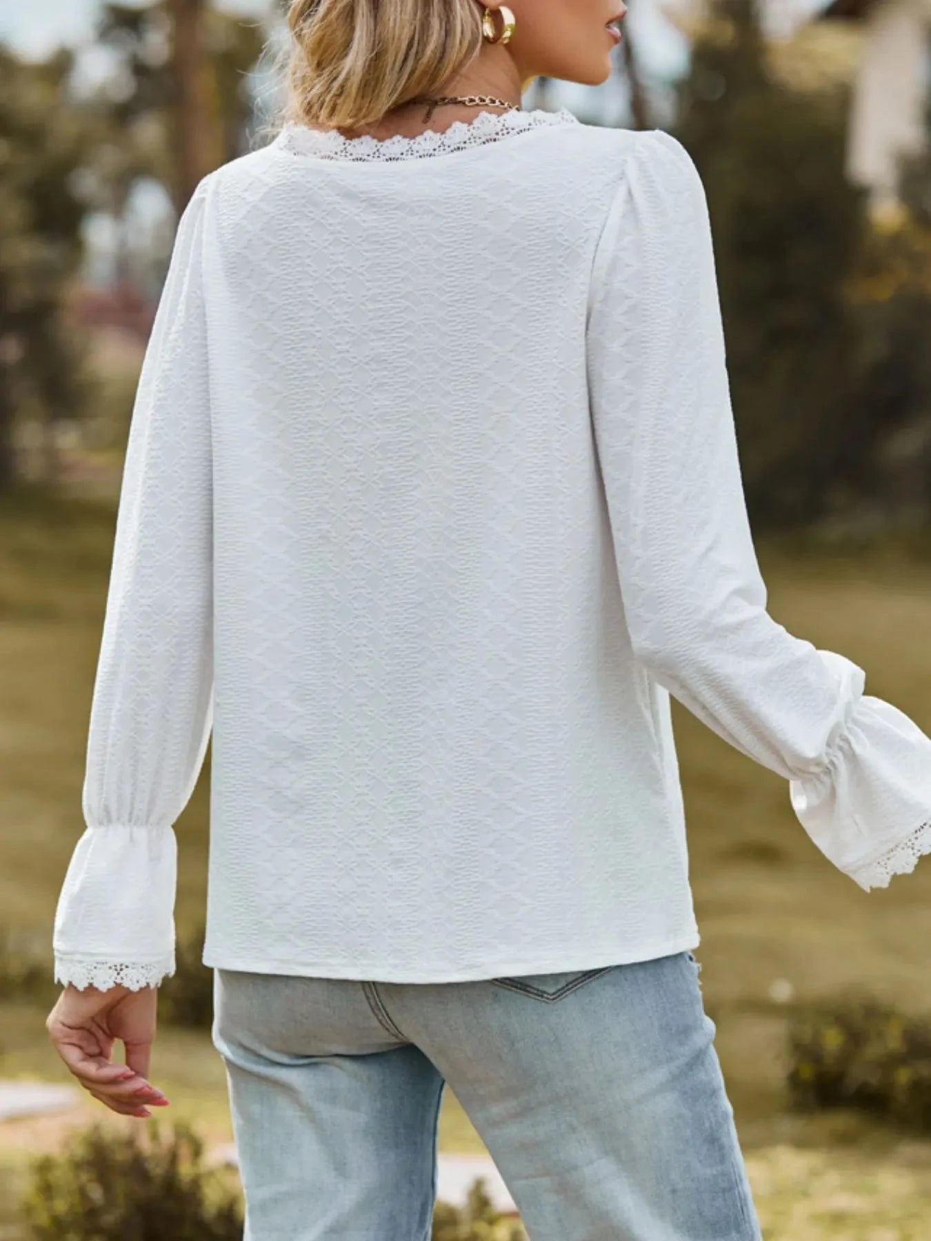 Lace Trim V-Neck Blouse with Flounce Sleeves