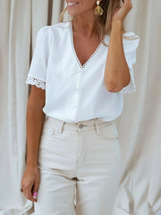 Lace Trim V-Neck Button-Up Blouse