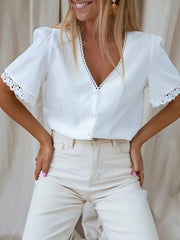 Lace Trim V-Neck Button-Up Blouse