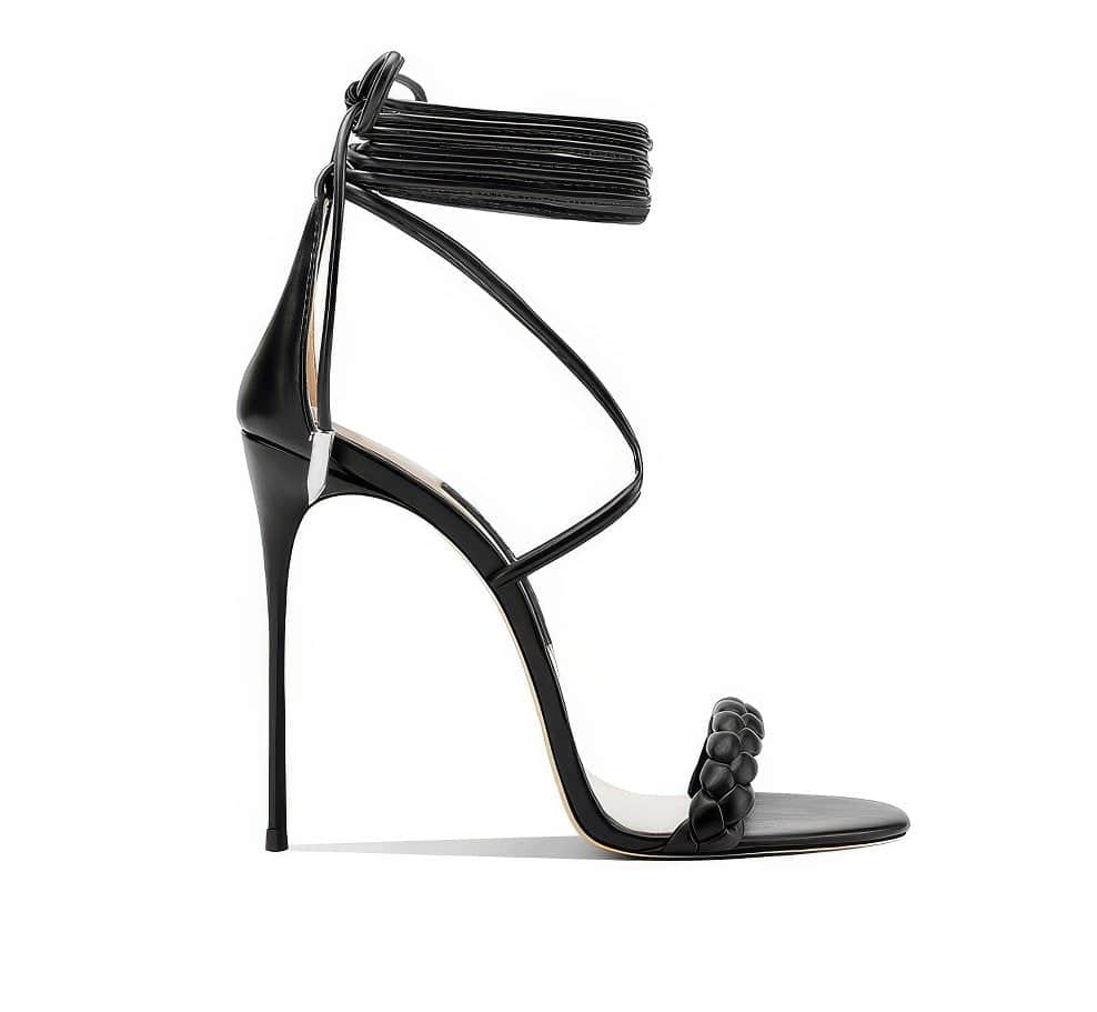 Lace Up Ankle Strap Braided Open Toe Heels EU 33 / Black / 6CM