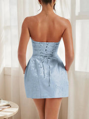 Lace Up Back Mini Dress with Bow Detail