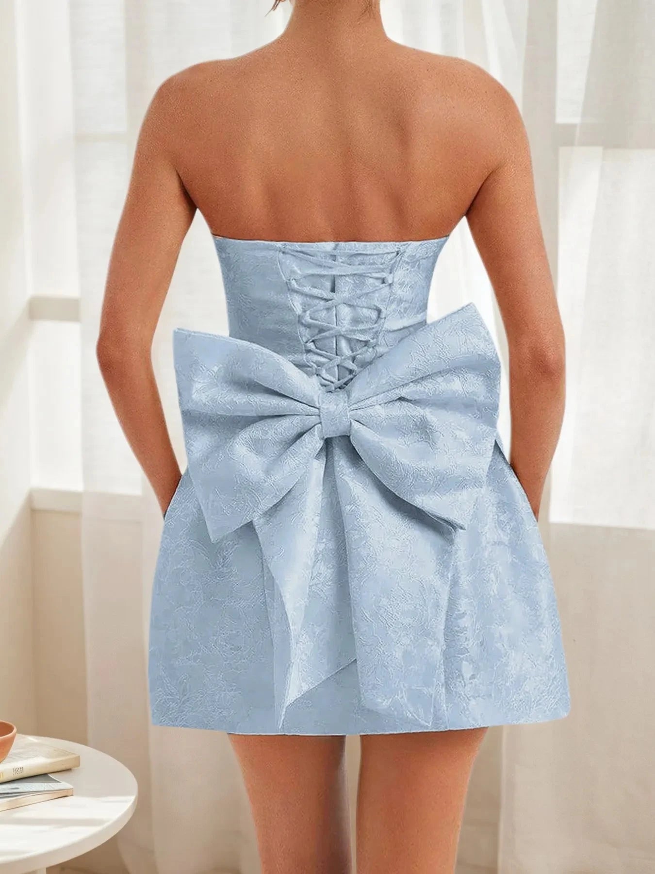 Lace Up Back Mini Dress with Bow Detail