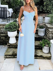 Lace-Up Solid Cami Dress Light Blue / S