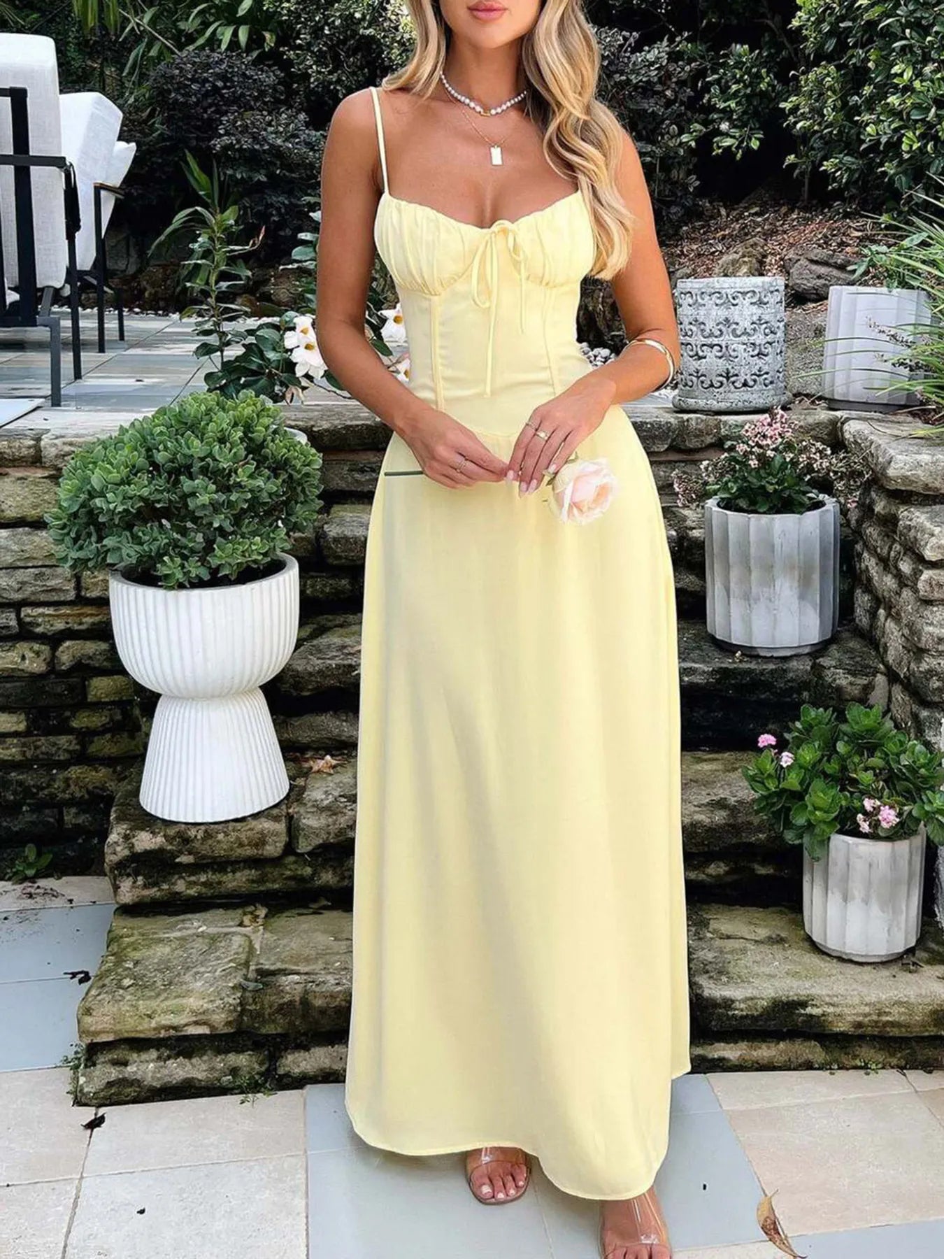 Lace-Up Solid Cami Dress Light Yellow / S