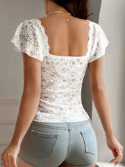 Lace V-Neck Flutter Sleeve Top