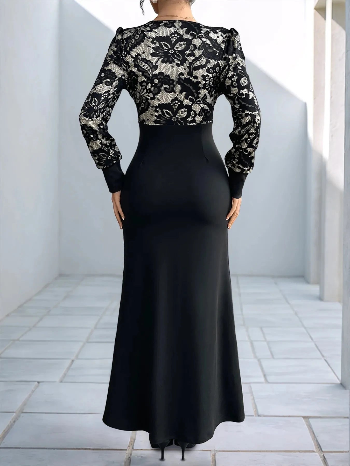 Lace V-Neck Long Sleeve Maxi Dress