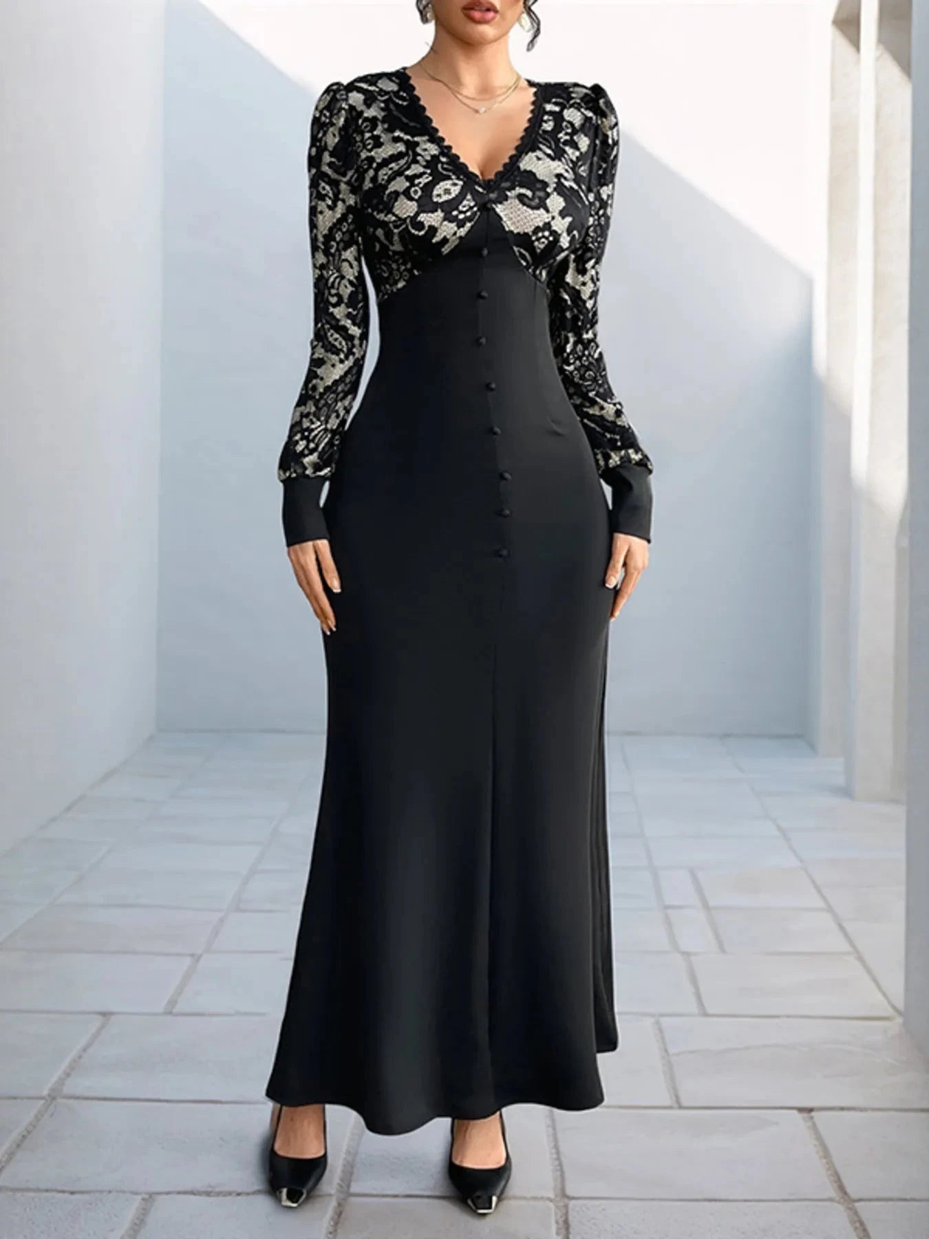 Lace V-Neck Long Sleeve Maxi Dress