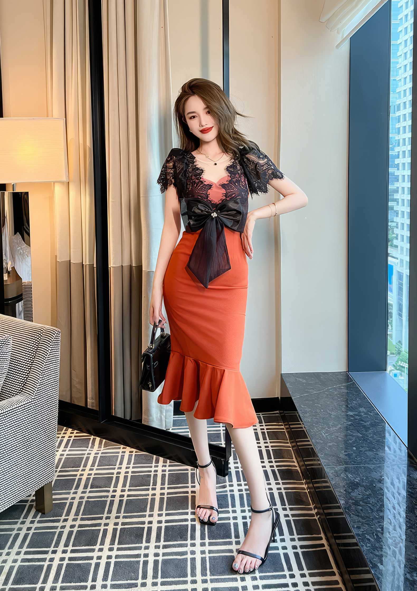 Laced Bowtie Mermaid Column Midi Dress