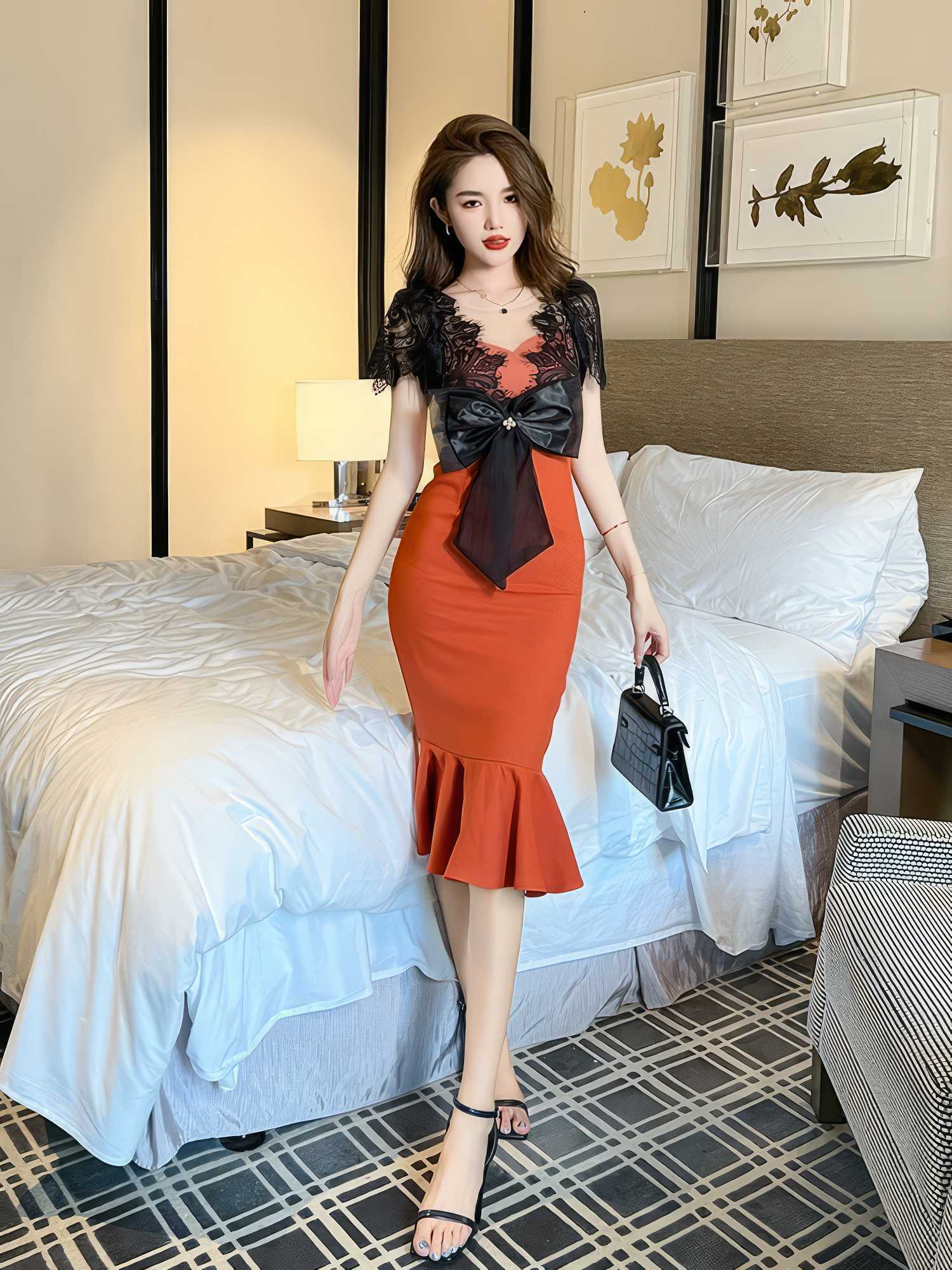 Laced Bowtie Mermaid Column Midi Dress