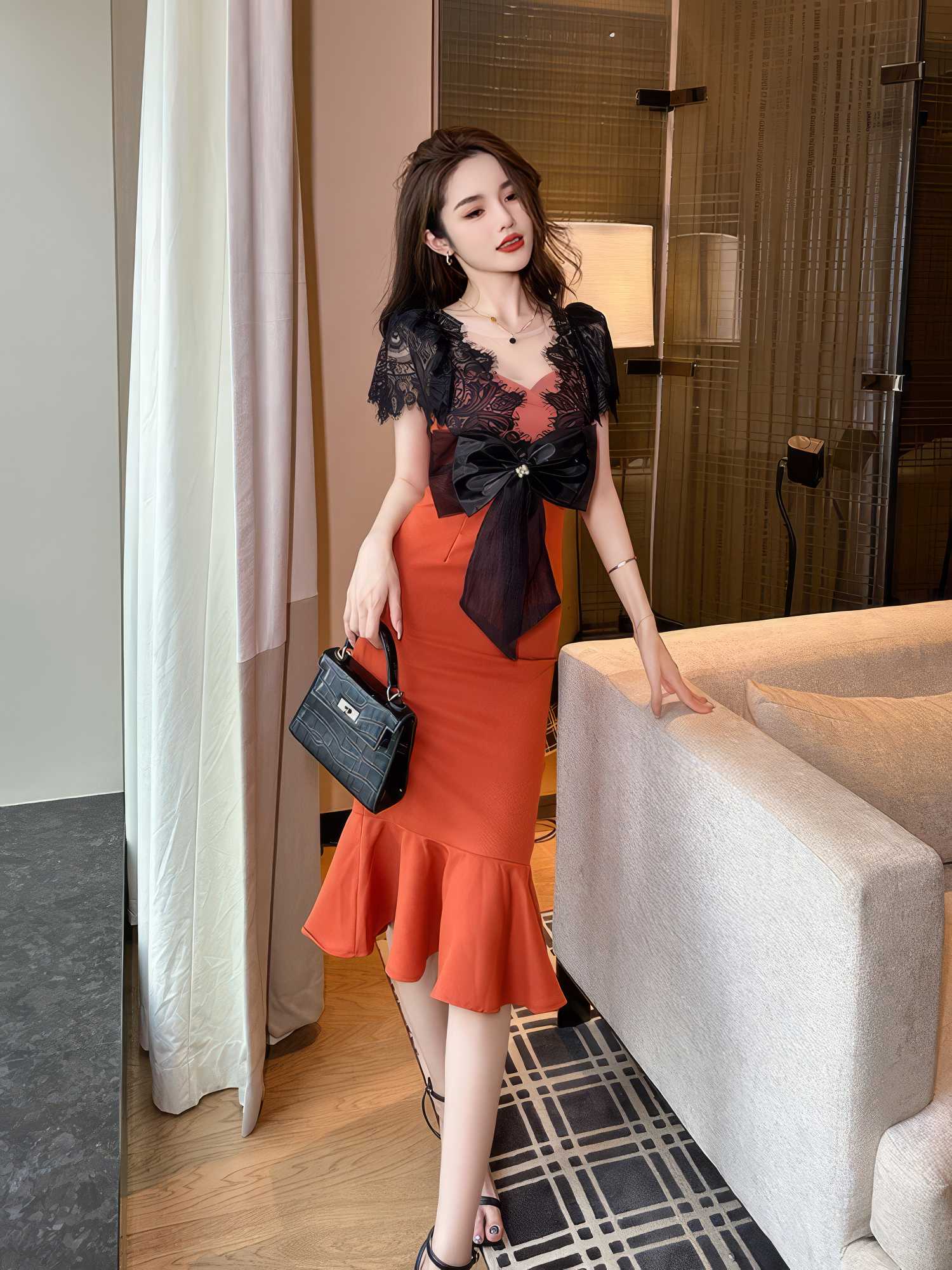 Laced Bowtie Mermaid Column Midi Dress