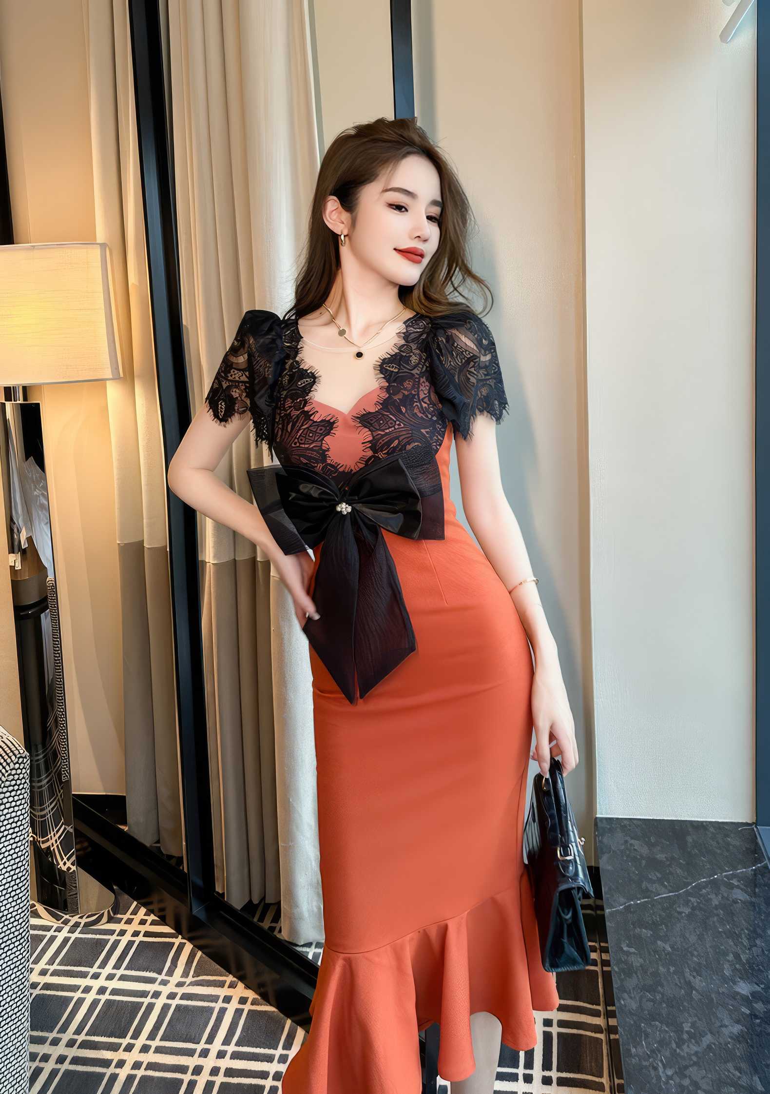 Laced Bowtie Mermaid Column Midi Dress