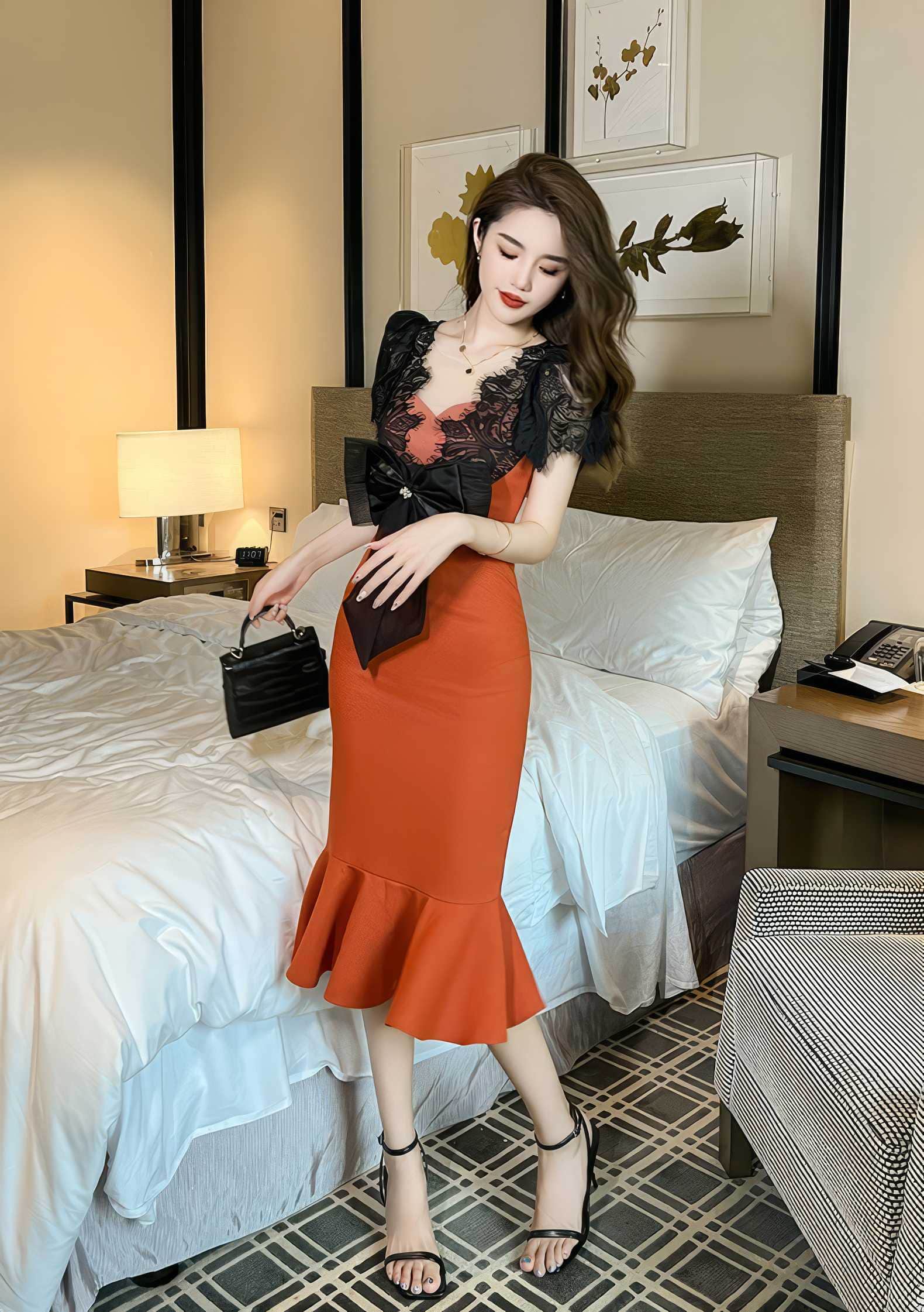 Laced Bowtie Mermaid Column Midi Dress