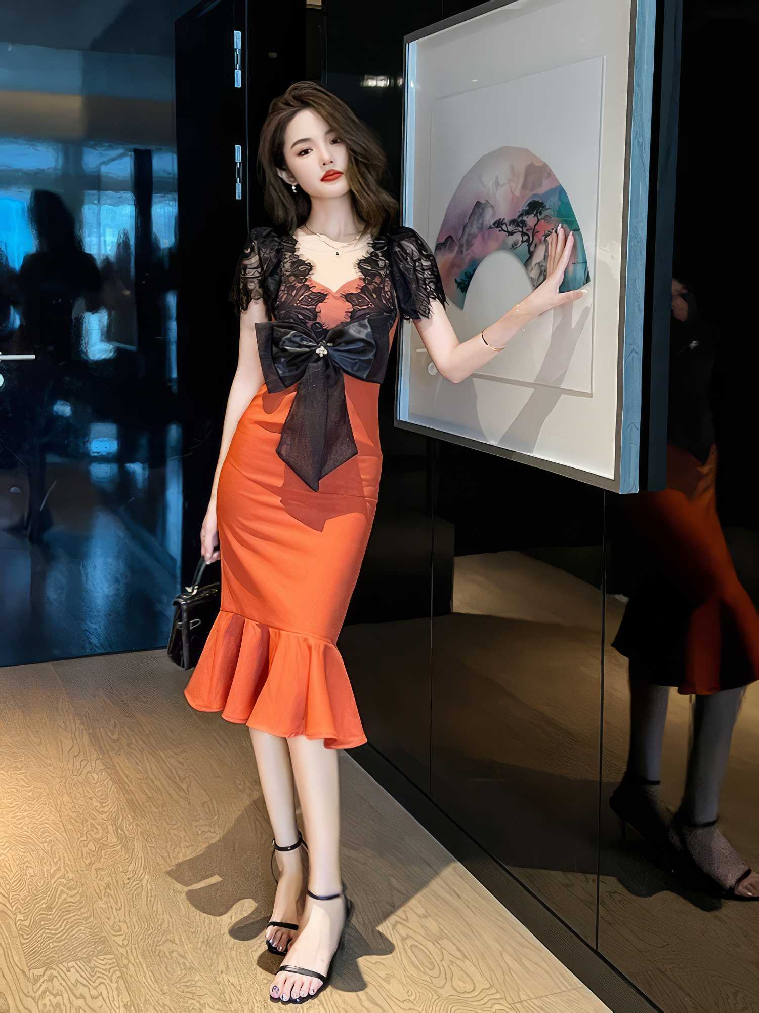 Laced Bowtie Mermaid Column Midi Dress