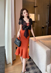 Laced Bowtie Mermaid Column Midi Dress