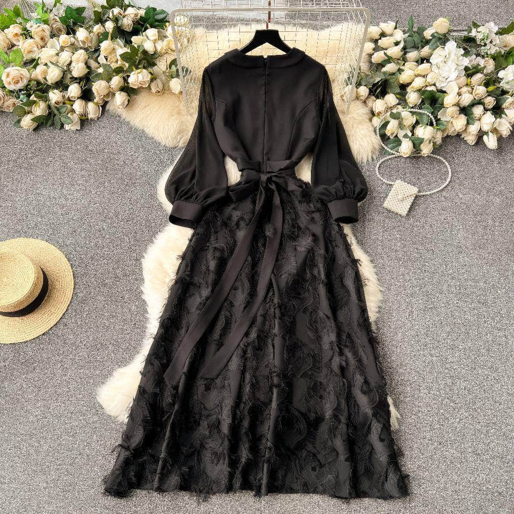 Lantern Sleeves Belted Lace Feathered Maxi Dress