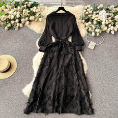 Lantern Sleeves Belted Lace Feathered Maxi Dress