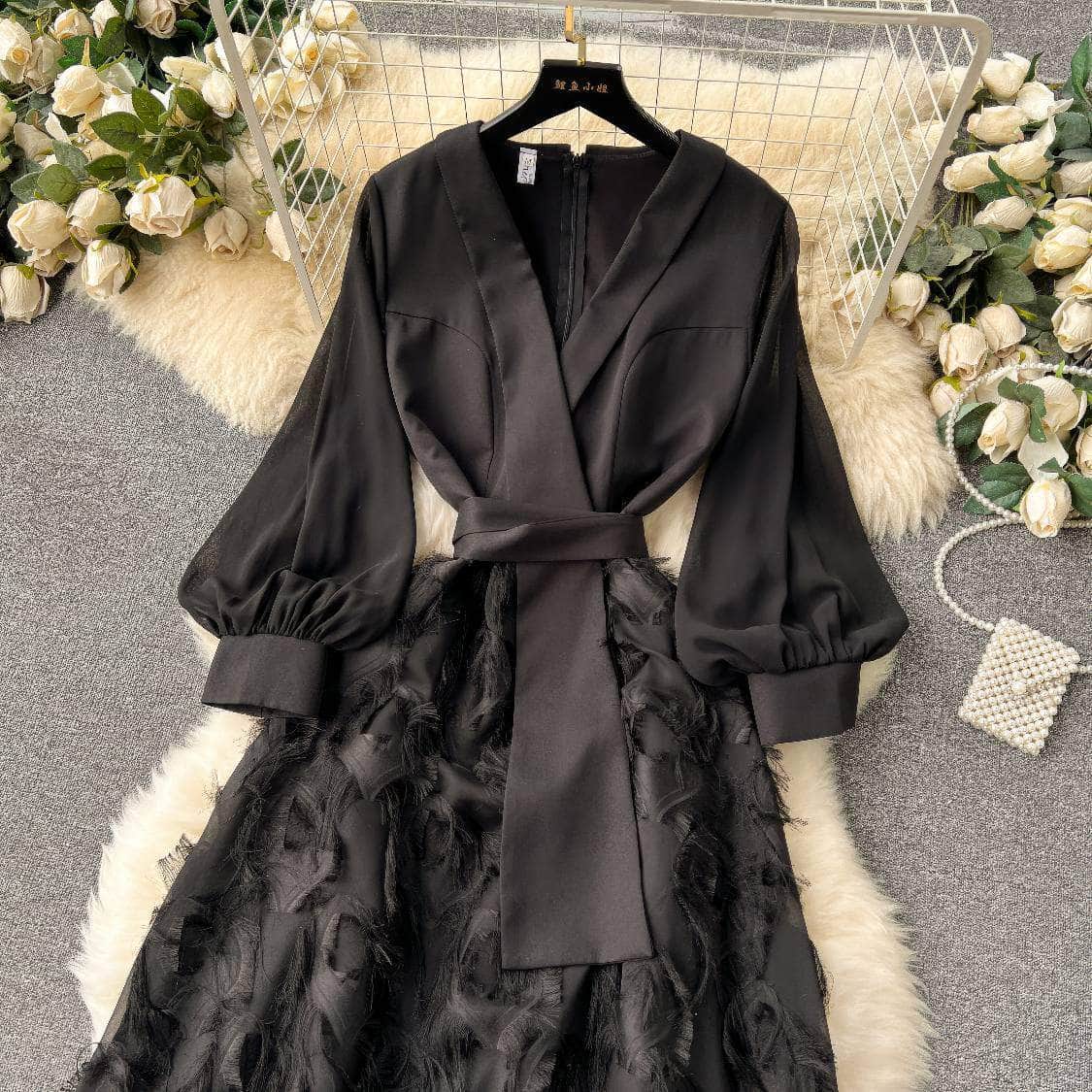 Lantern Sleeves Belted Lace Feathered Maxi Dress