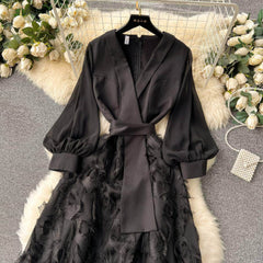 Lantern Sleeves Belted Lace Feathered Maxi Dress