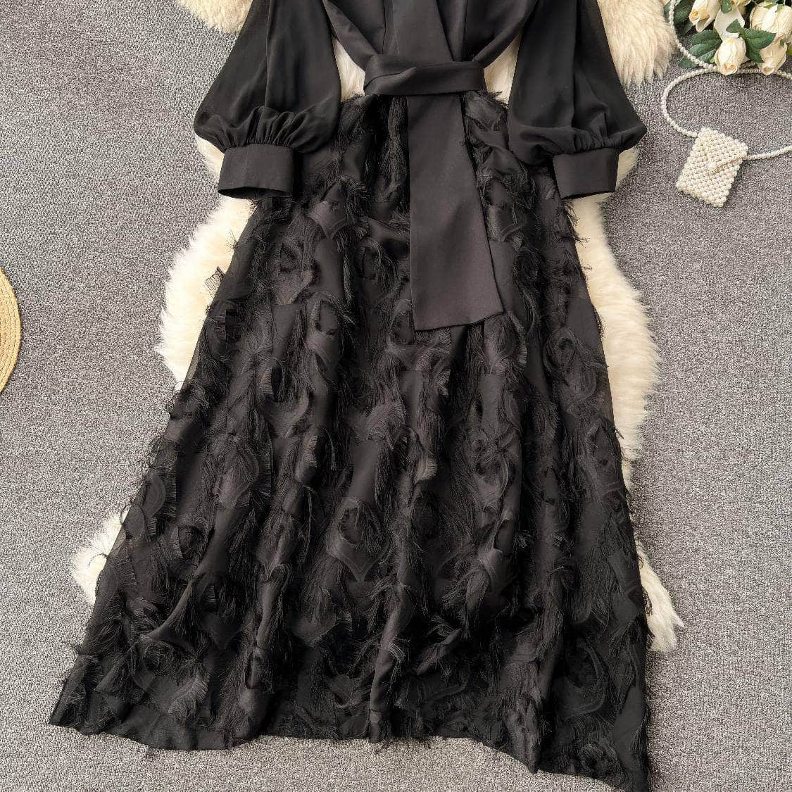Lantern Sleeves Belted Lace Feathered Maxi Dress