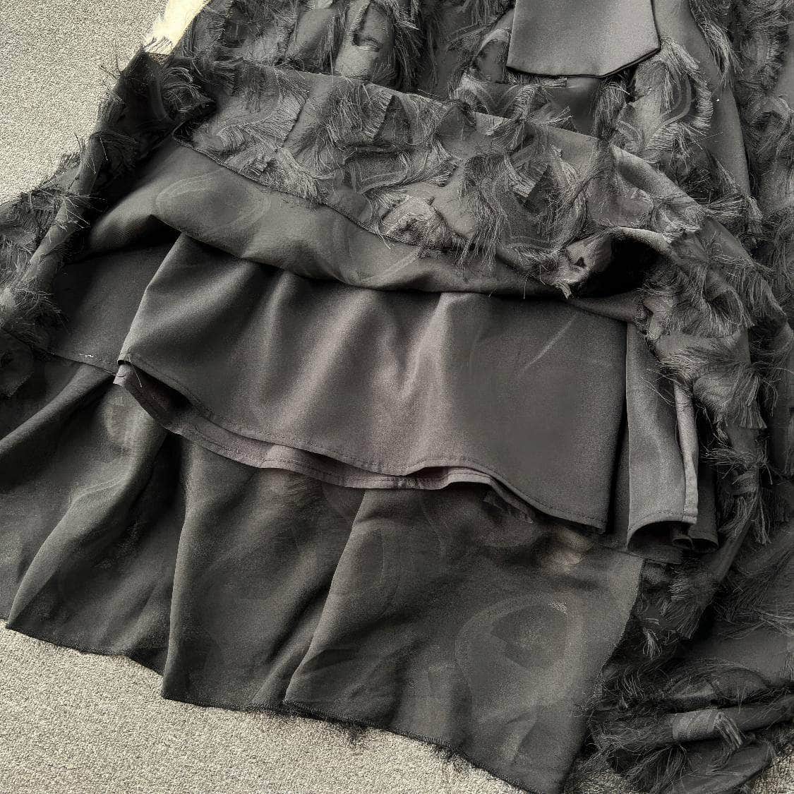 Lantern Sleeves Belted Lace Feathered Maxi Dress