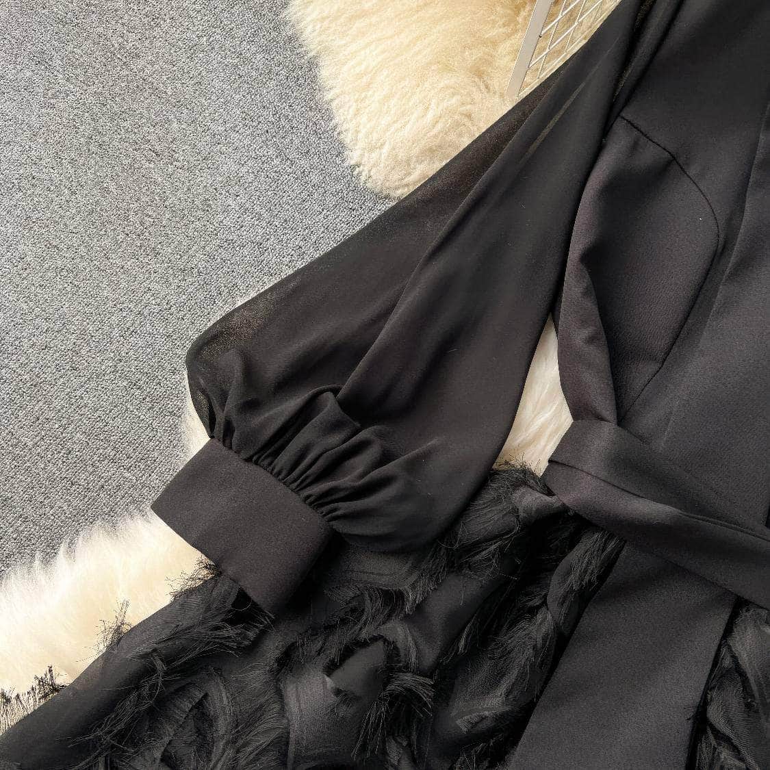 Lantern Sleeves Belted Lace Feathered Maxi Dress
