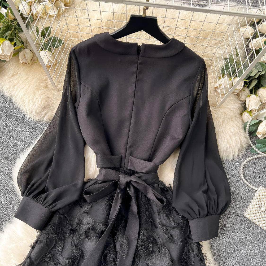 Lantern Sleeves Belted Lace Feathered Maxi Dress