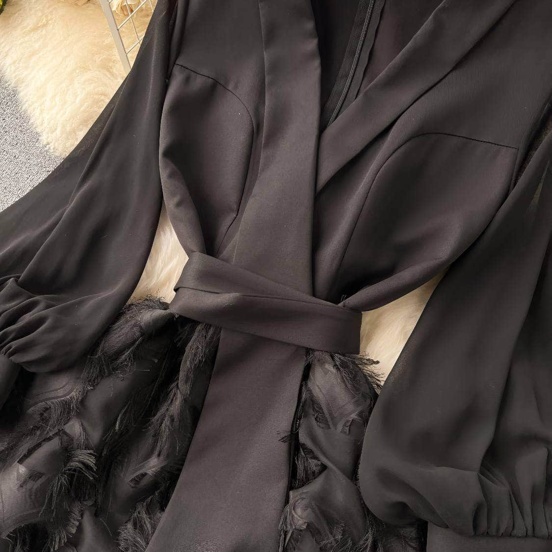 Lantern Sleeves Belted Lace Feathered Maxi Dress