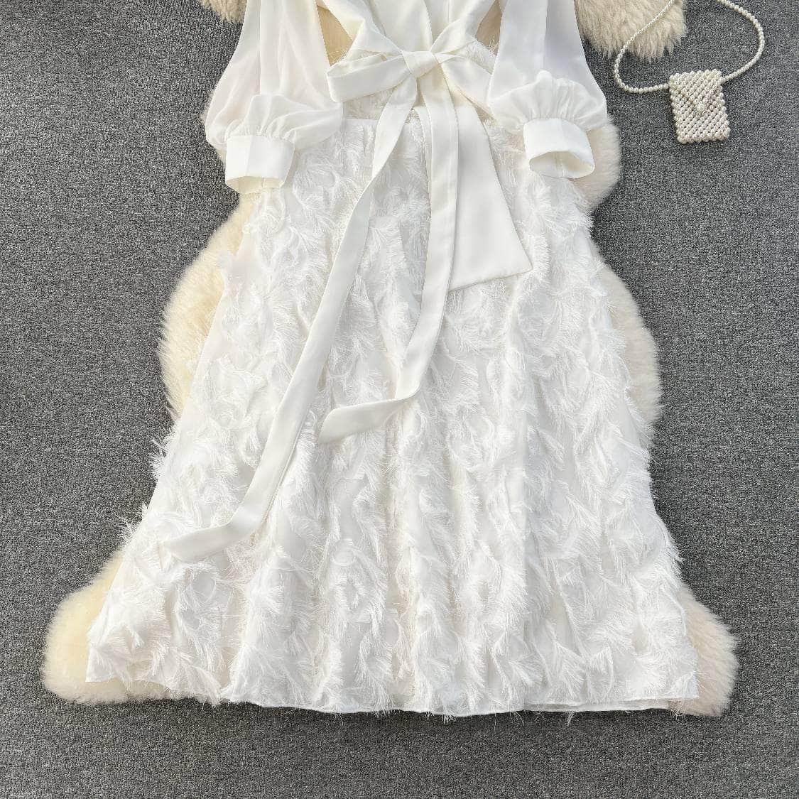 Lantern Sleeves Belted Lace Feathered Maxi Dress