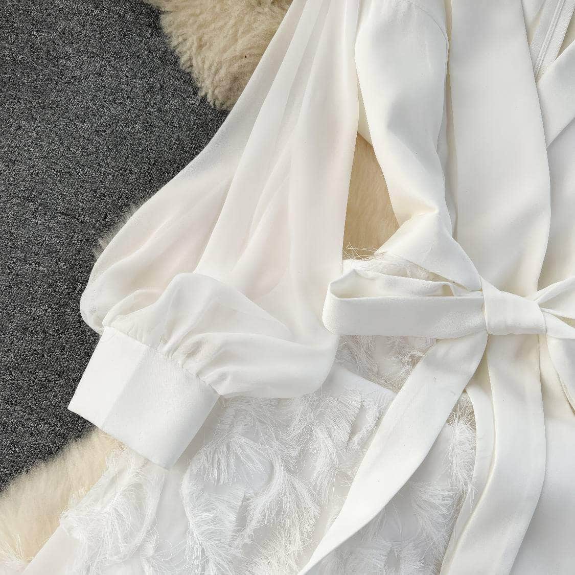 Lantern Sleeves Belted Lace Feathered Maxi Dress