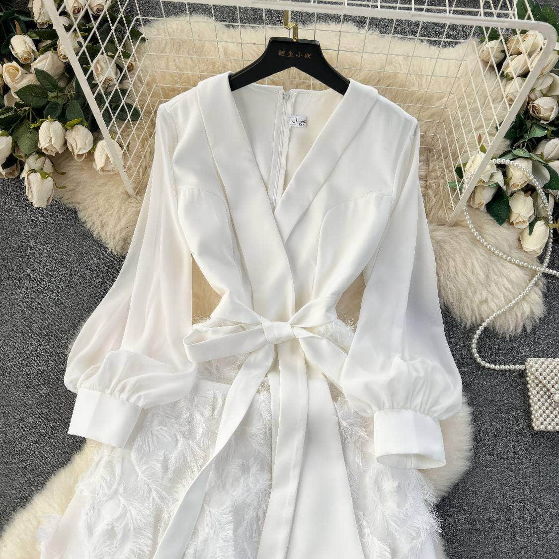 Lantern Sleeves Belted Lace Feathered Maxi Dress