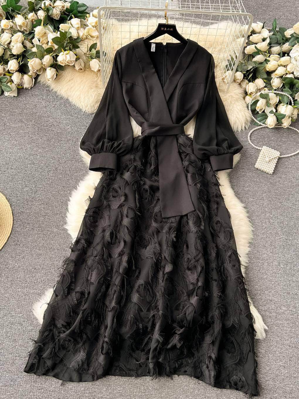Lantern Sleeves Belted Lace Feathered Maxi Dress M / Black