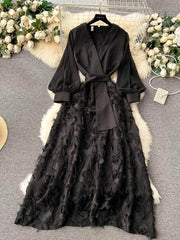 Lantern Sleeves Belted Lace Feathered Maxi Dress M / Black